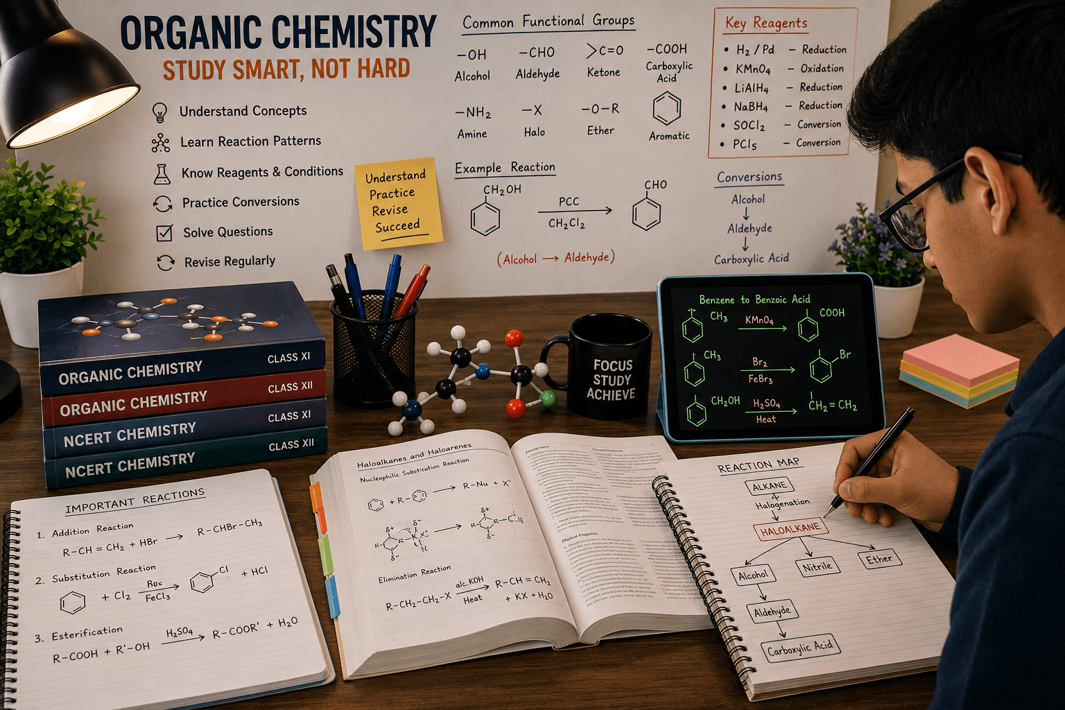 Student studying Organic Chemistry with reaction notes and molecular models
